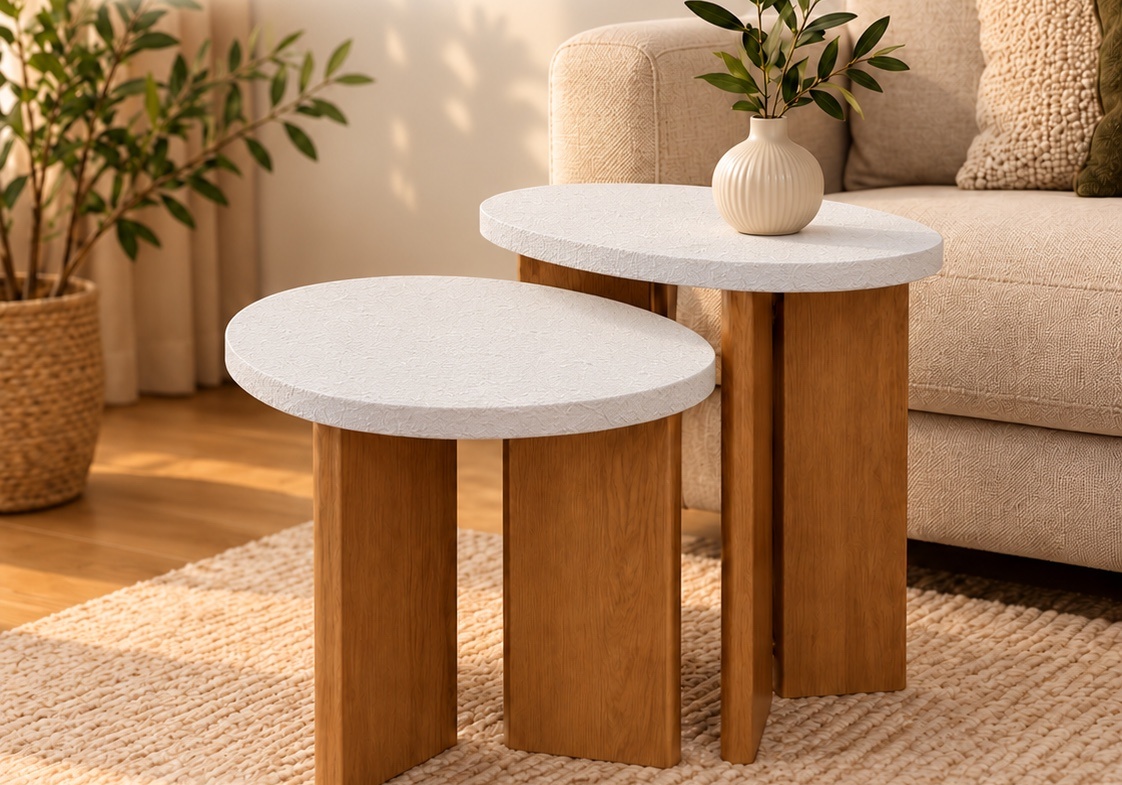 Set tavolinash të bardha me këmbë në tonalitet druri në sallon elegant